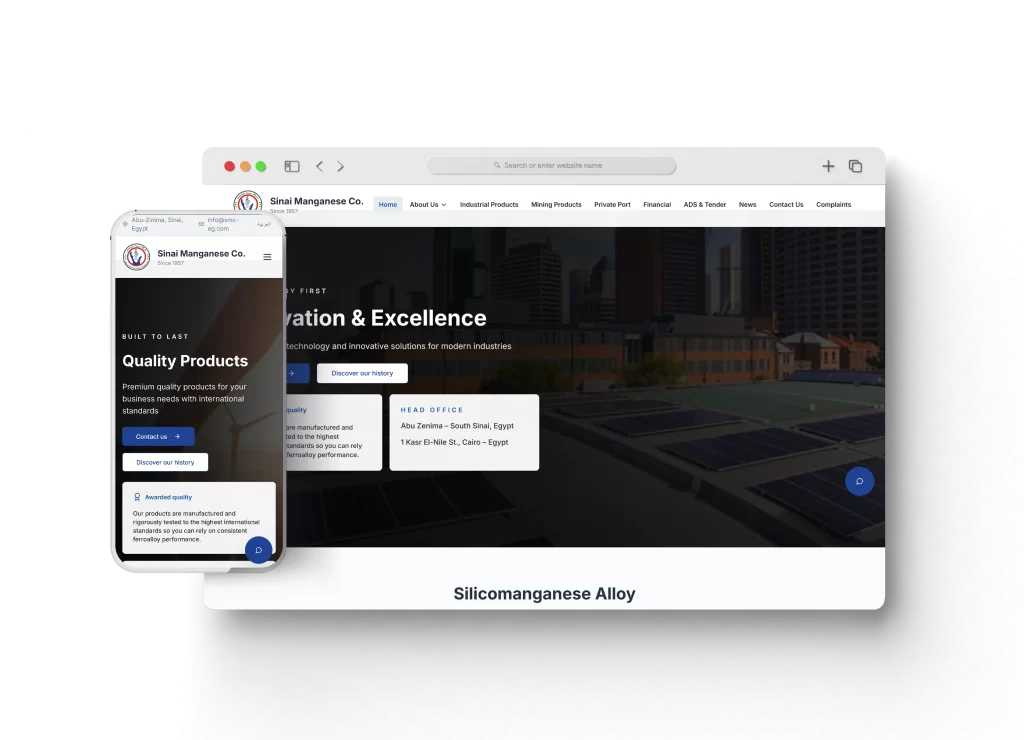 موقع شركة Sinai Manganese احد اعمال قيمة تك تعبيرية عن تصميم مواقع الكترونية محترفة