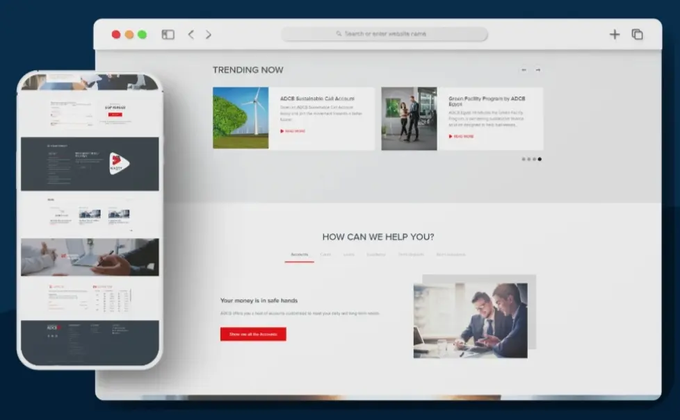 موقع بنك أبوظبي التجاري أحد أعمال قيمة تك، تعبيرية عن مصممين مواقع محترفين في مصر 