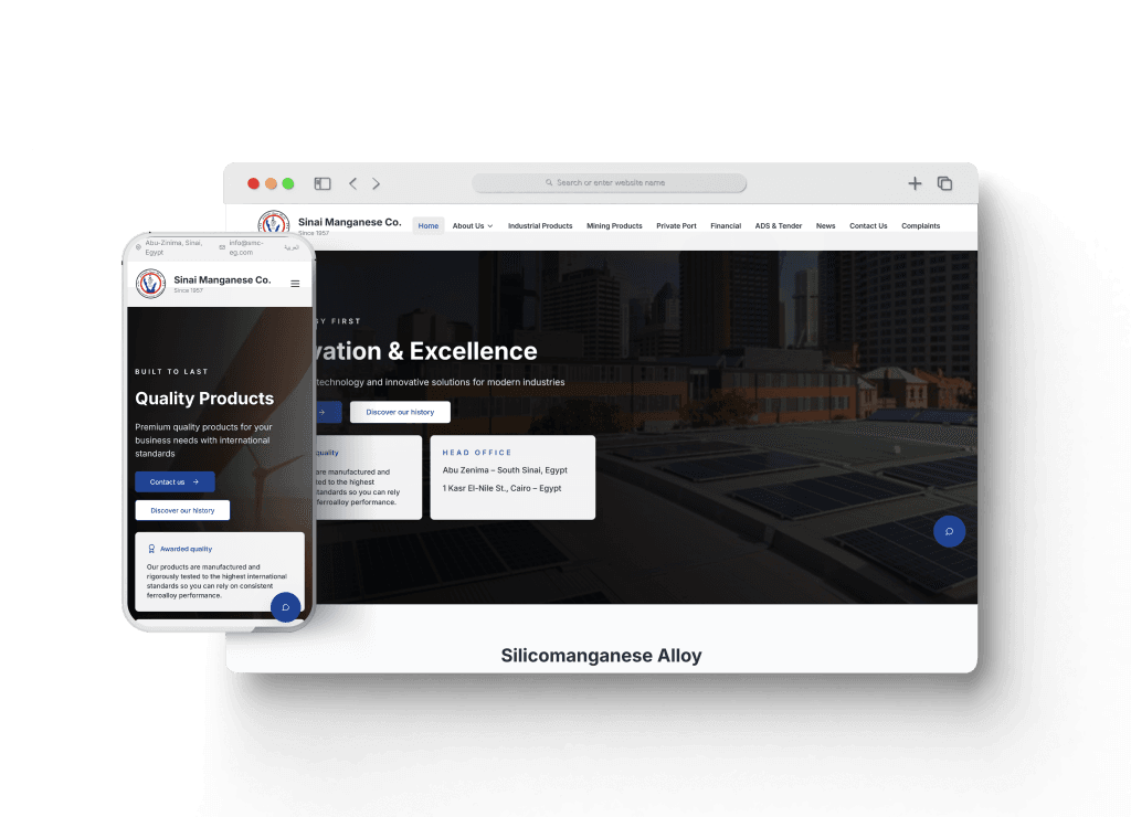 موقع شركة سيناء للمنجنيز احد اعمال قيمة تك تعبيرية عن شركات الويب سايت في مصر