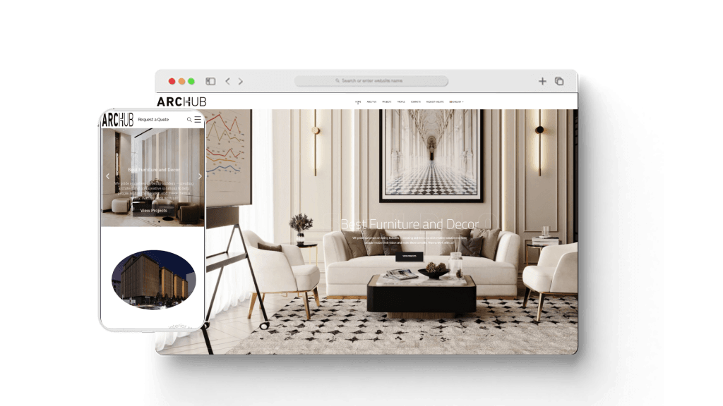 موقع شركة ARCHUB أحد أعمال قيمة تك، تعبيرية عن تصميم مواقع شركات ناشئة